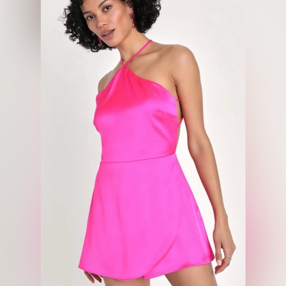 Lulus Diva Destiny Hot Pink Satin Backless Halter Romper